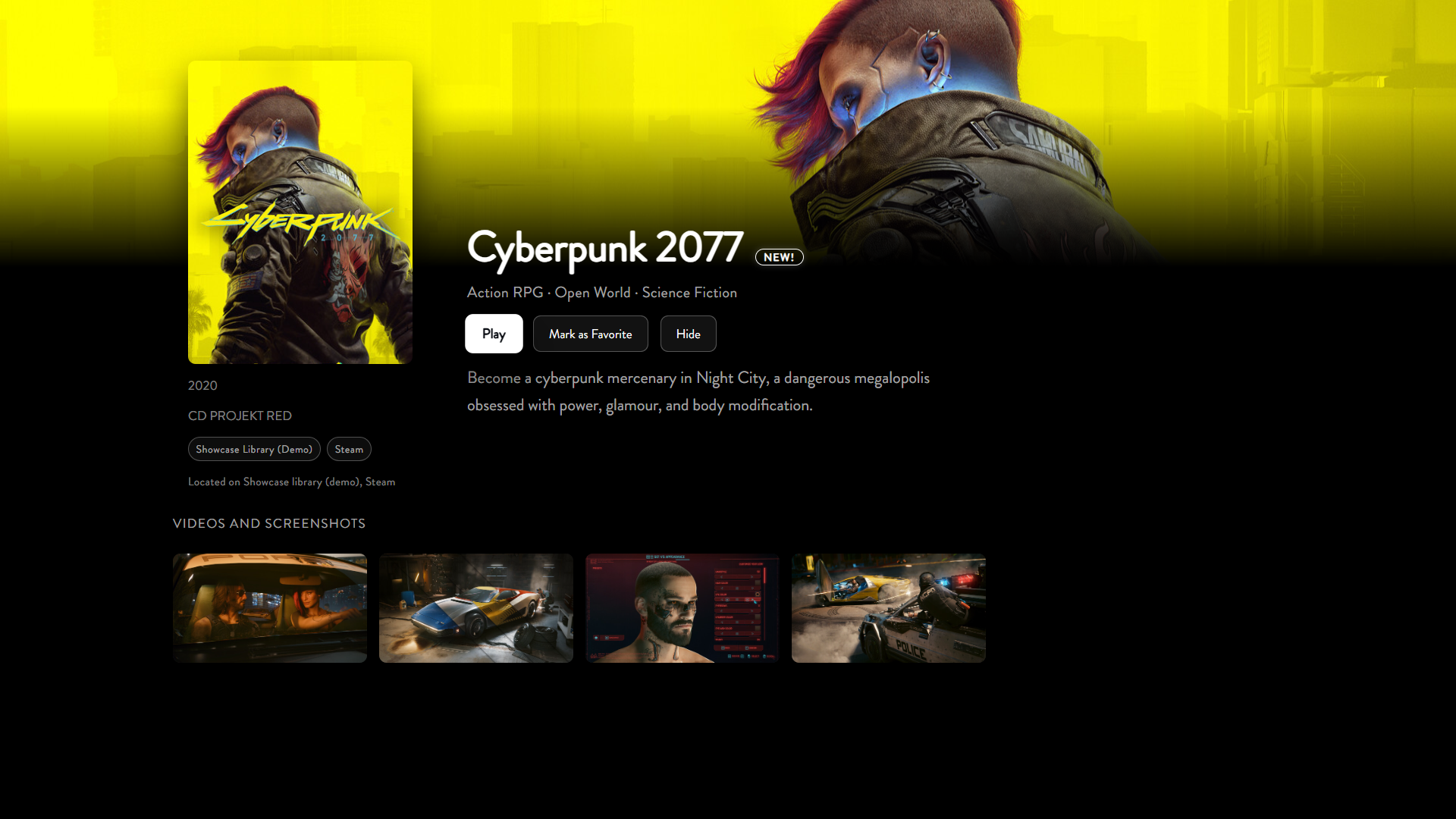 UNU showing Cyberpunk 2077 cover art, description, metadata, and available actions