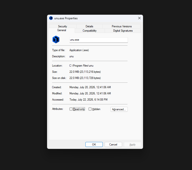 Windows showing the UNU executable's 22 MB file size
