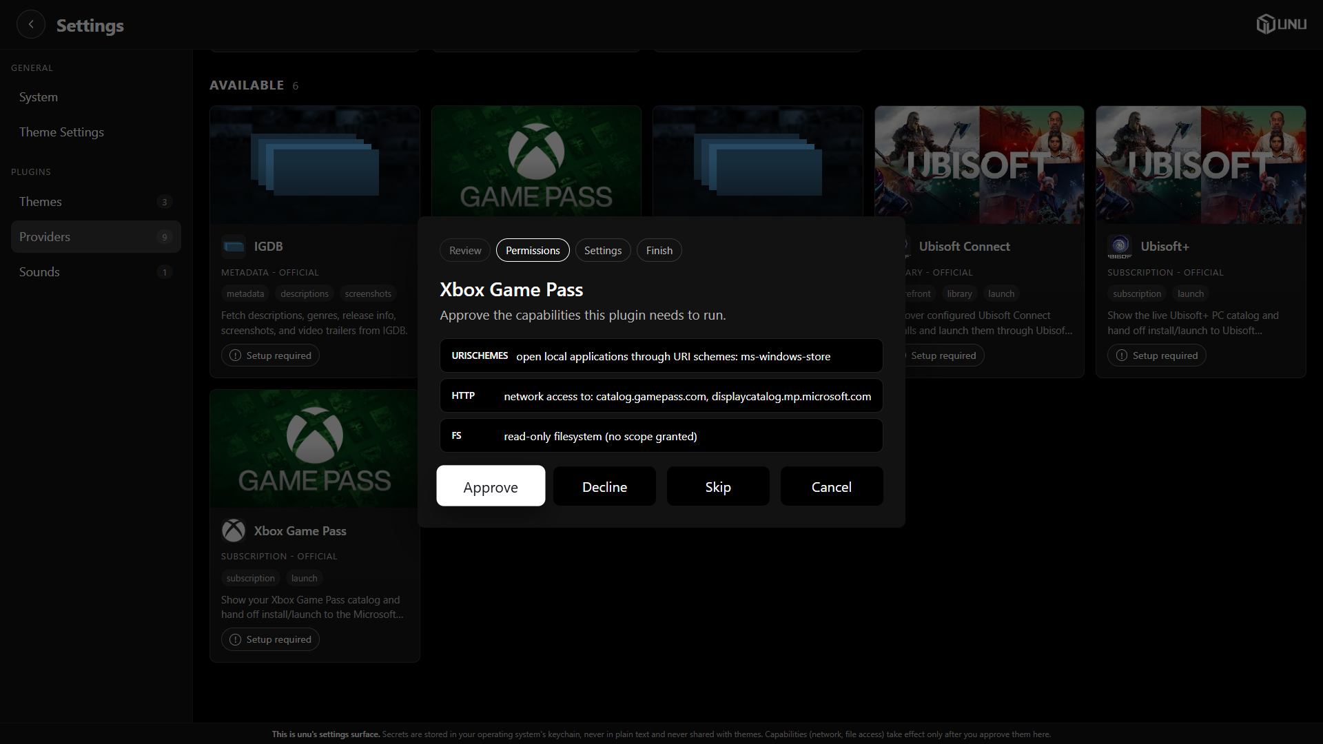 UNU showing the capabilities requested by the Xbox Game Pass provider before approval