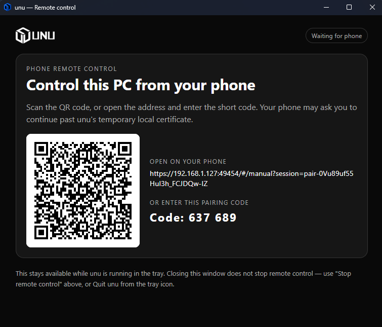 UNU Remote Control pairing window on the PC