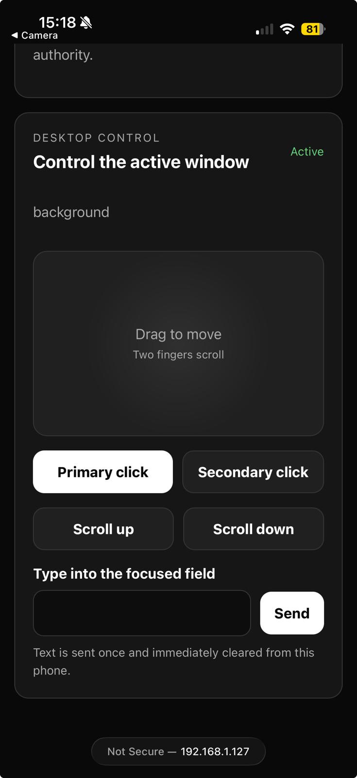 UNU Remote Control trackpad and keyboard controls on a phone