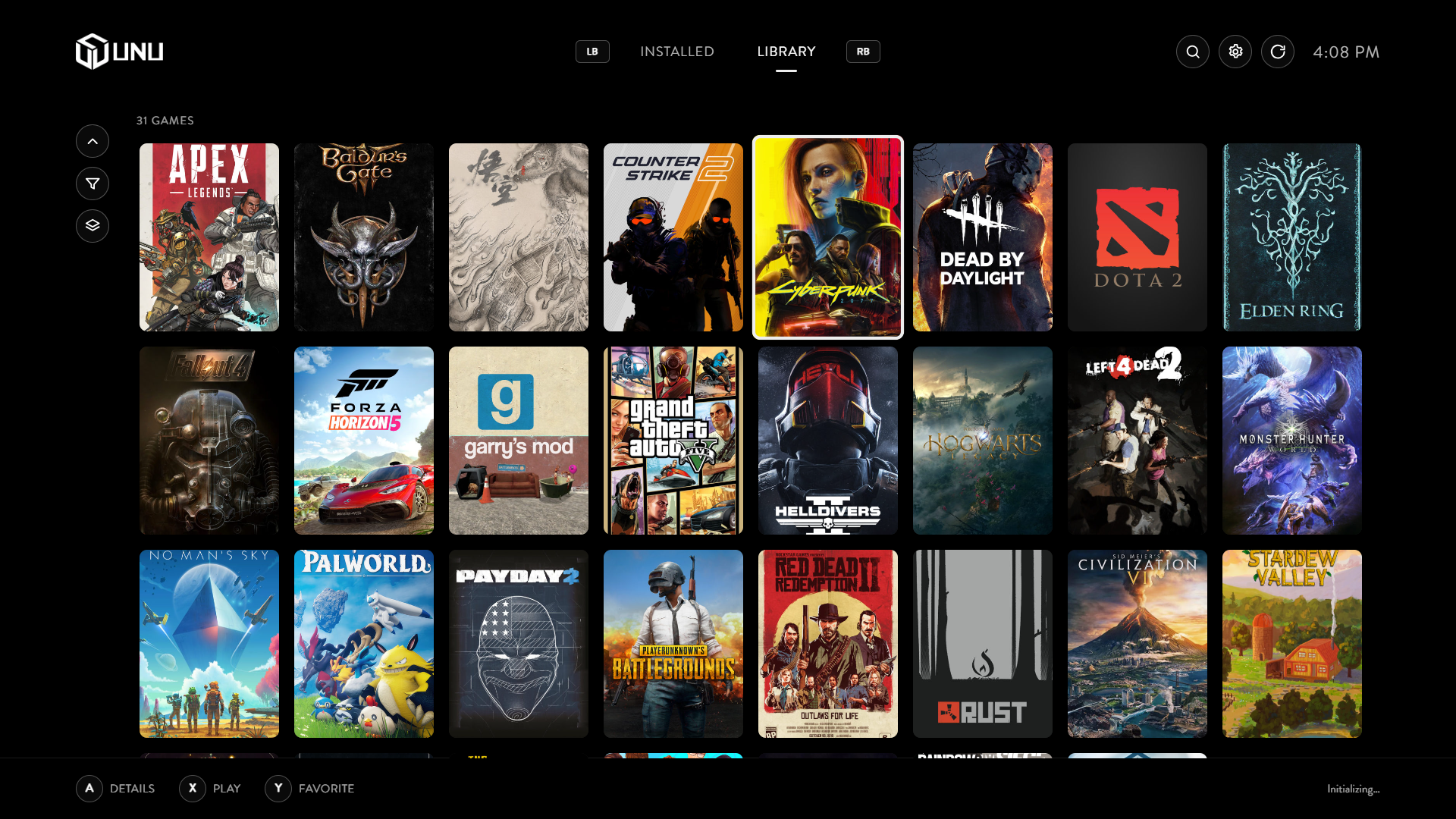 The official UNU theme showing games from multiple providers in one library